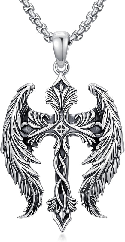 Cross Wings Necklace for Men Women S925 Sterling Silver Guardian Angel Wings Cross Pendant Necklaces Gifts for Men Angel'S Wing Jewelry Birthday Gift 20+2 Inch Stainless Steel Chain