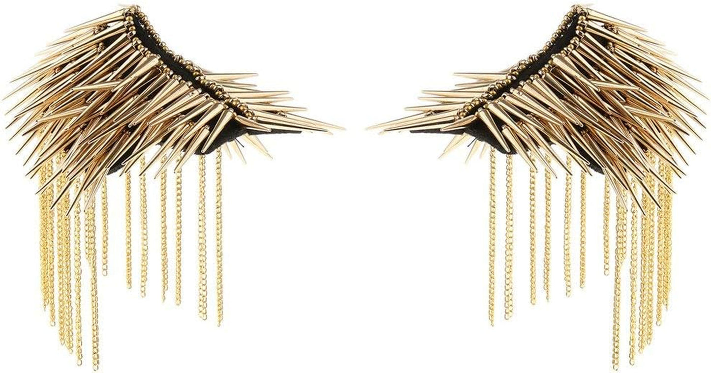 1 Pair Shoulder Epaulet Crystal Rhinestone Punk Rivet Tassels Shoulder Board Arm Badge Brooch Gifts - Golden