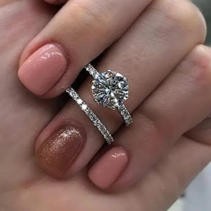 2Pcs/Set Exquisite Woman Fashion Accessories Classic White Crystal Zircon Wedding Rings Set Elegant Female Bride Jewelry Proposal Promise Anniversary Gift Romantic Princess Luxury Engagement Ring Size 4-12 Bague Femme