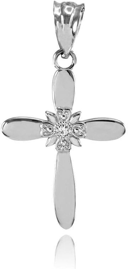 14K White Gold Diamond Accented 1” Solitaire Natal Starburst Flower Petal Cross Crucifix Pendant (?-? Color, I1 Clarity)