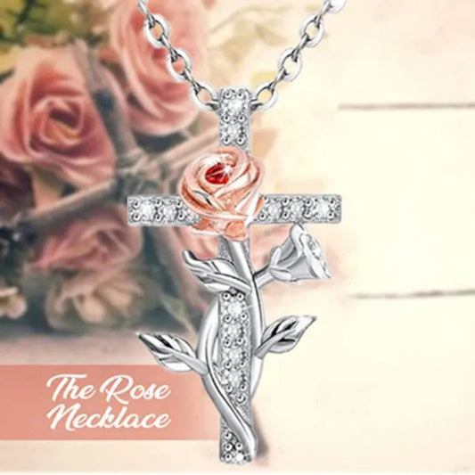 Elegant Fashion Creative Cross Rose Necklace Natural Crystal Cross Diamond Necklace Religious Cross Flower Pendant Women'S Necklace Wedding Pendant Birthday Party Anniversary Gift