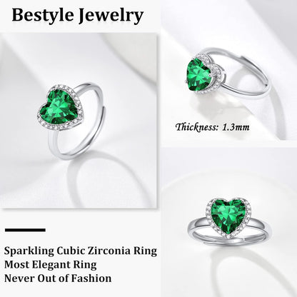 925 Sterling Silver Birthstone Rings for Women Girls with Clear 2Ct Heart/Round/Teardrop/Square Crystal, Solitaire Diamond Halo Open Bands Cubic Zirconia Rings Adjustable Size#6-#12