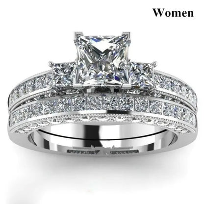YOHAPP NEW Fashion Couple Rings Set Jewelry - Men's 8mm 316L Stainless Steel Titanium Ring and Women's Three Stone Princess Cut 1CT Diamond   Silver  Bridal Wedding Engagement Band Ring