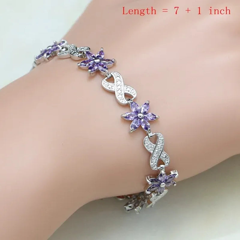 Natural 925 Silver Jewelry Sets Purple Amethyst White Crystal Decoration for Women Earrings/Pendant/ Rings/Bracelet/Necklace Set