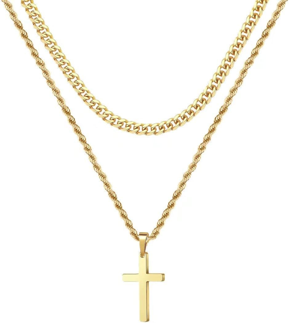 Valentines Gifts for Him - 18K Gold Plated Cross Necklaces Chain for Men Boys Gifts, Silver Rope Chain Layered Necklace Jewelry 16 18 20 22 24 Inch