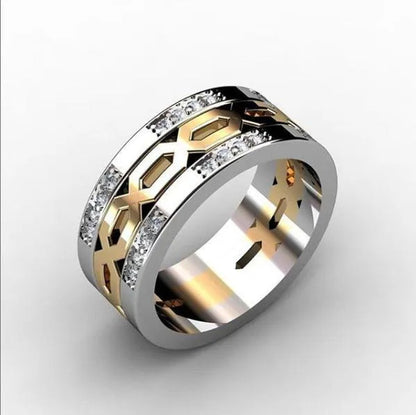 Luxury Men Fashion Inlaid Zircon Two-Tone Men'S Ring Personality Geometry Ring Birthday Party Engagement Wedding Ring Lover Anniversary Jewelry Gift Size 6-13