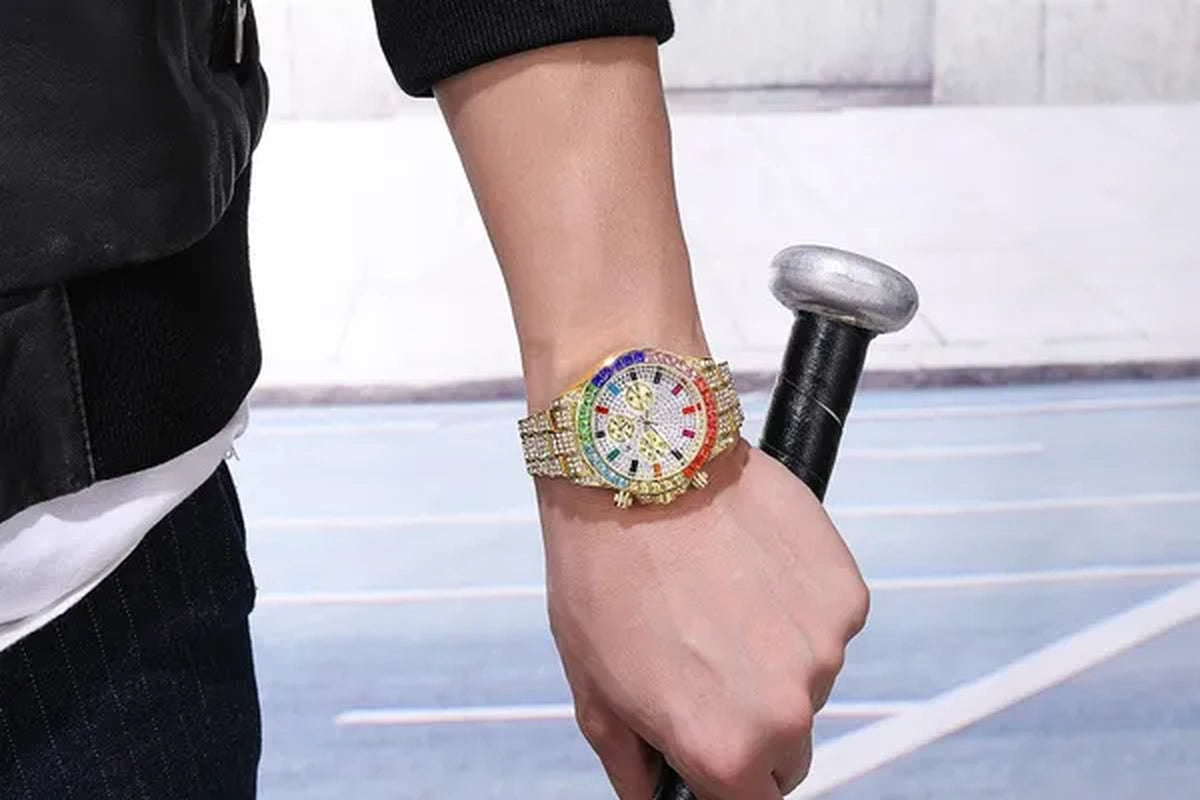 Men Watch Luxury Brand Mens Gold Men Watch Quartz Clock Chronograph Colorful Diamond Steel Iced Out Watch Reloj Hombre