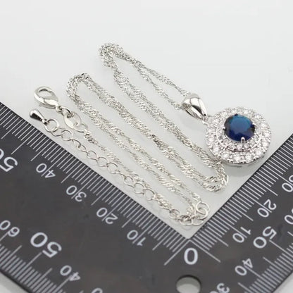 Blue White Topaz Silver Color Jewelry Sets for Women Engagement Necklace Pendant Bracelets Earrings Rings  Gift Box