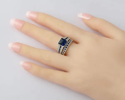 2pcs/sets 8mm Princess Cut Blue Sapphire 925 Sterling Silver Wedding Gemstone Ring