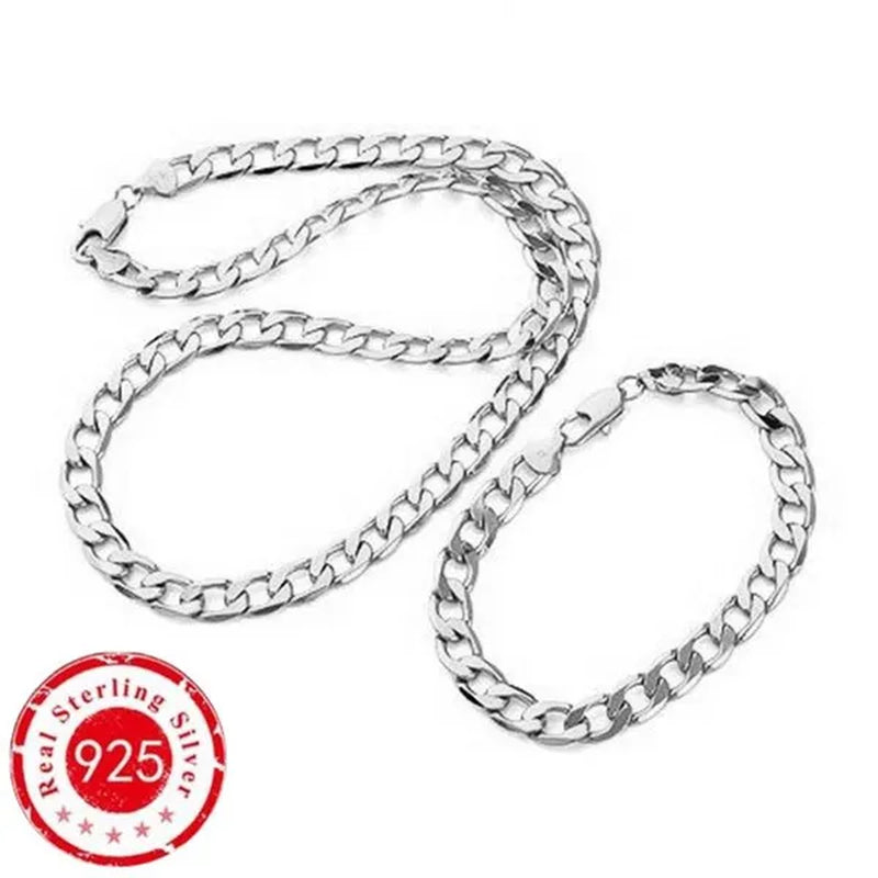 2PCS (Bracelet + Necklace) 925 Sterling Silver Fashion Jewelry Sets Curb Chain Necklace 925 Solid Silver Jewelry High Quality Necklace Bracelet 16-30 inches