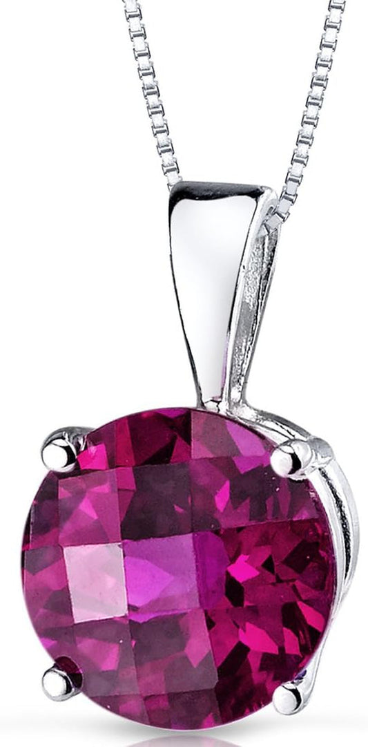 Created Ruby Pendant in 14 Karat White Gold, Classic Solitaire, round Shape, 8Mm, 2.50 Carats Total