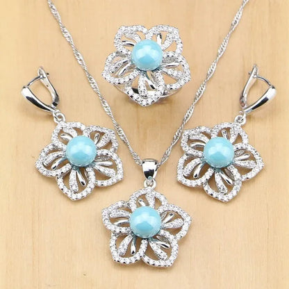 Flower 925 Silver Jewelry Set Blue Pearl with Beads Pendant Drop Earrings Rings Necklace for Women