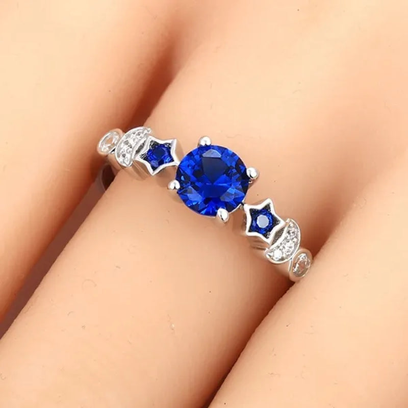 Romantic Moon and Stars Engagement Ring Set 925 Sterling Silver CZ Blue Sapphire Diamond Promise Rings Fashion Cocktail Party Jewelry Bridal Wedding Band Size 6-10