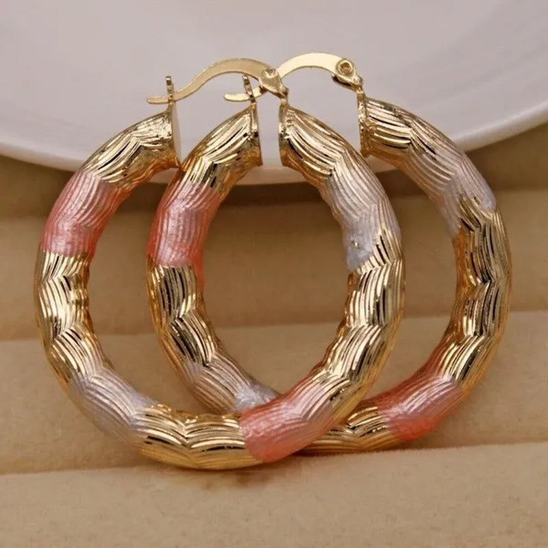 Gold Color Hoop Earrings for Women's Filled - Crude Tube Swirl Multilayer Circle 3-Color Plated Earrings