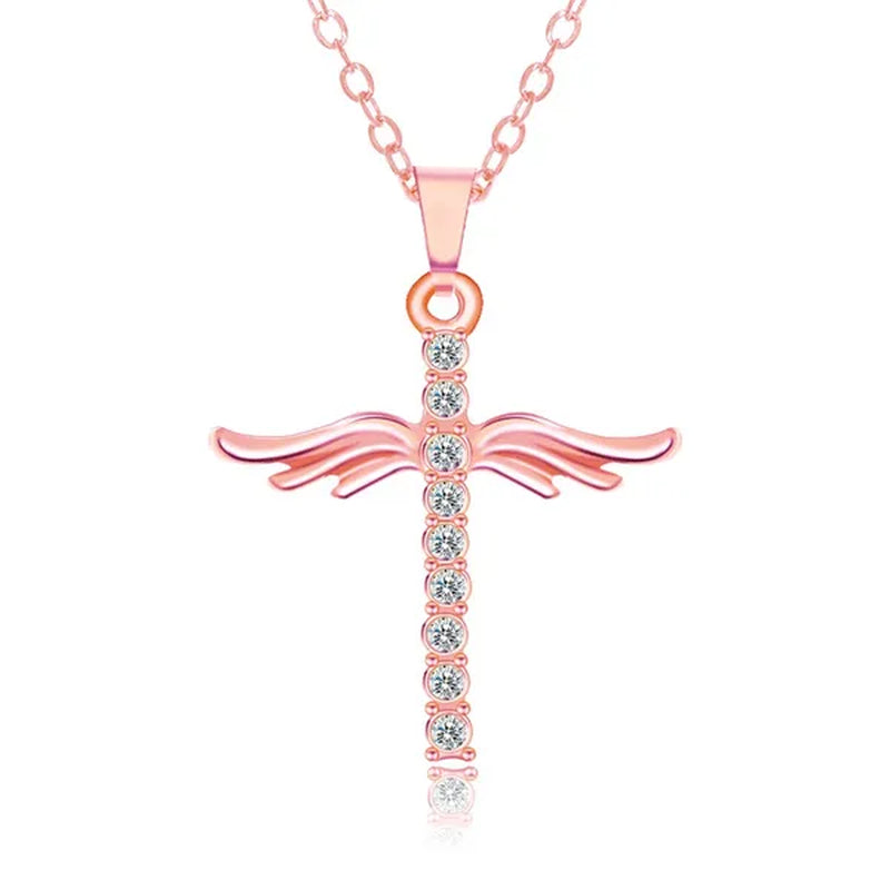 Women's Fashion 18 K Gold Fashion Cross Diamond Pendant Necklace Angel Diamond Necklace