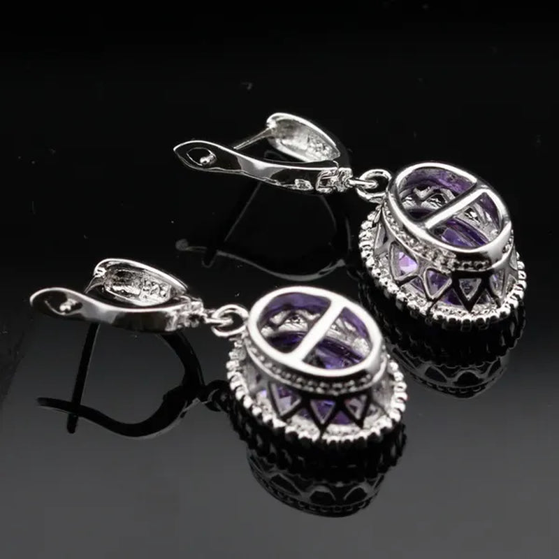 Oval Purple Amethyst Gem Stones Zircon Silver Jewelry Set Necklace Pendant Earrings Ring For Women