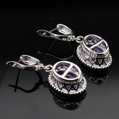 Oval Purple Amethyst Gem Stones Zircon Silver Jewelry Set Necklace Pendant Earrings Ring For Women