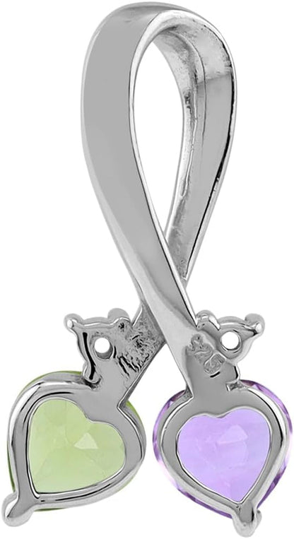 5MM Heart Shape Gemstone 925 Sterling Silver Twin Heart Ribbon Pendant with 18 Inch Chain Necklace Family Birthstone Jewelry for Women