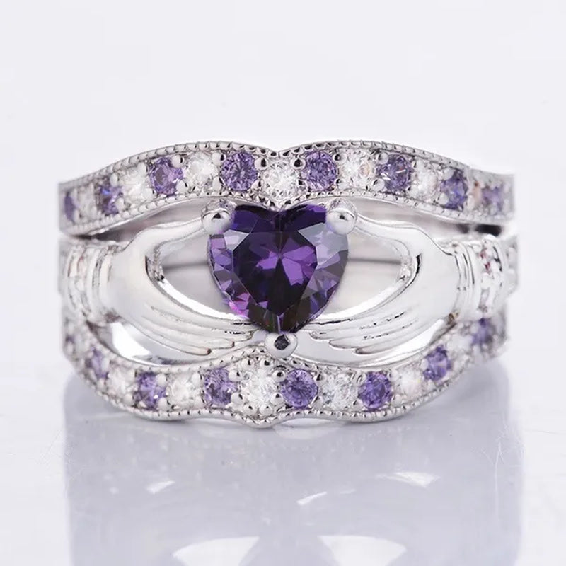 3Pcs Claddagh Heart Amethyst Wedding Ring Set 925 Sterling Silver Fashion Jewelry Size5-12