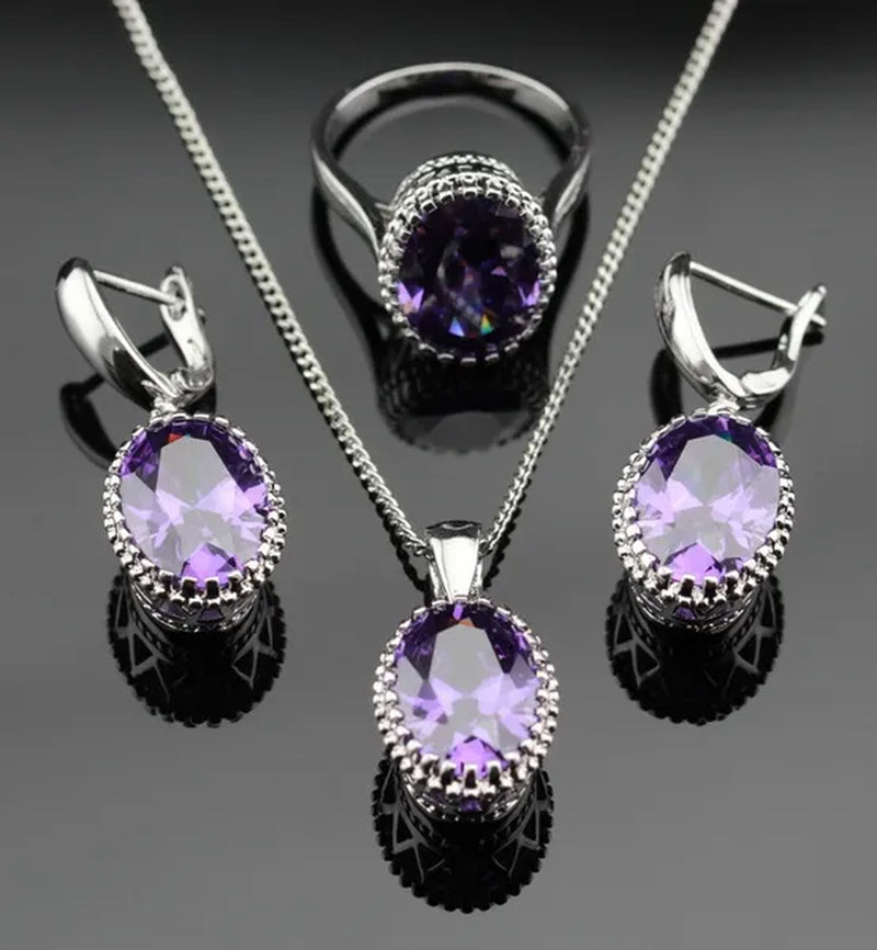Oval Purple Amethyst Gem Stones Zircon Silver Jewelry Set Necklace Pendant Earrings Ring For Women