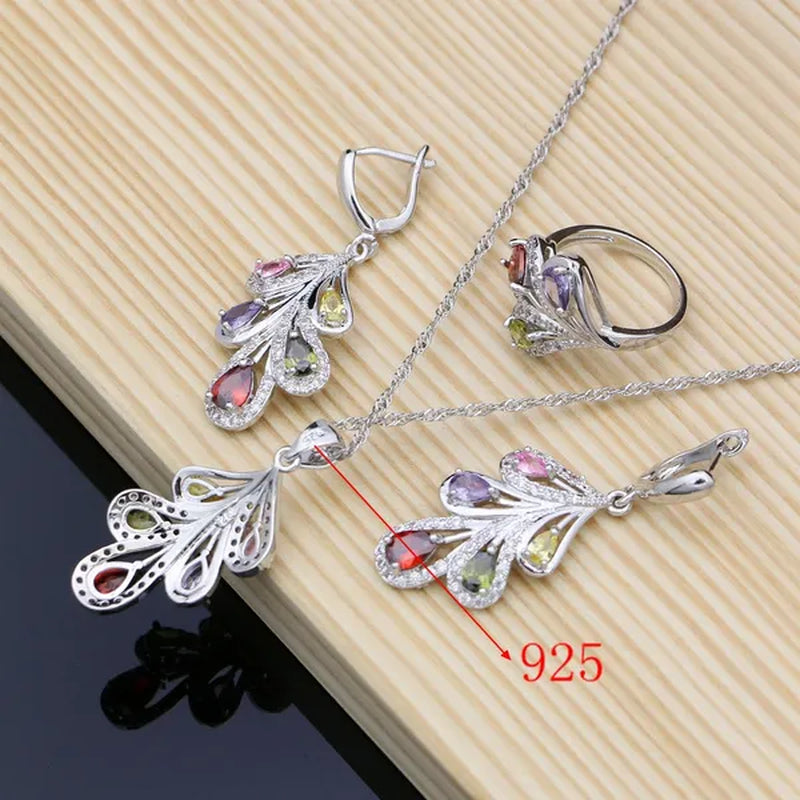 925 Silver Bridal Jewelry Sets Multicolor Topaz Charm for Women Party Plant Design Ring Bracelet Set