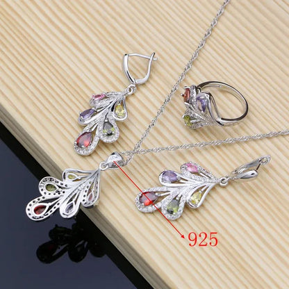 925 Silver Bridal Jewelry Sets Multicolor Topaz Charm for Women Party Plant Design Ring Bracelet Set