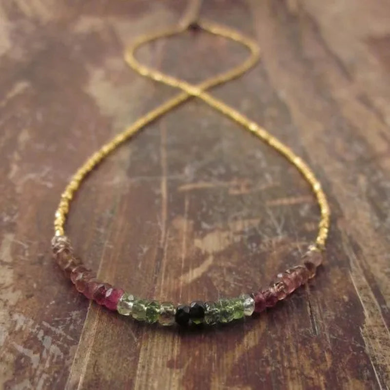 Watermelon Tourmaline Necklace October Birthstone Necklace Gold Beaded Necklaces