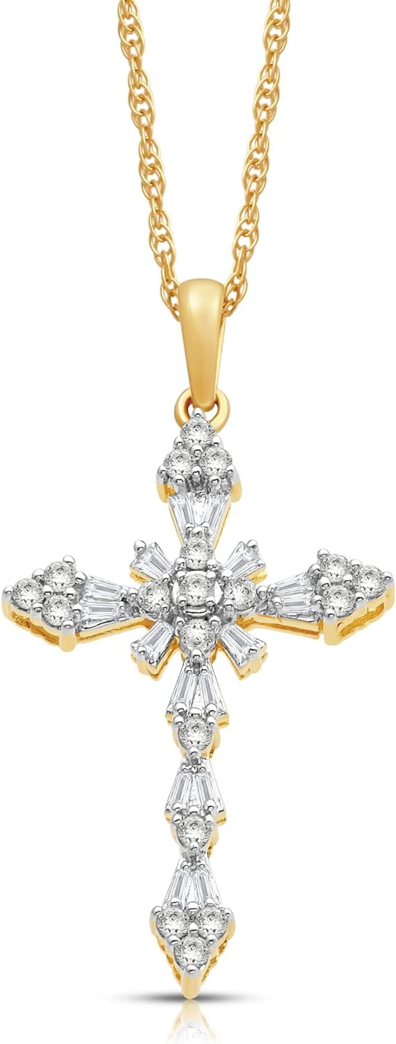 Cross Pendant Necklace in 10K White and Yellow Gold with 1/2 Cttw Natural White round and Baguette Diamonds 18" Rope Chain