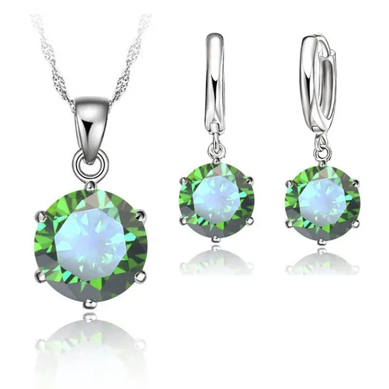 Woman 925 Sterling Silver 8MM Jewelry Sets Cubic Zircon Crystal Lever Back Earrings Pendant Wedding Necklace Nice Gifts 8MM Stone