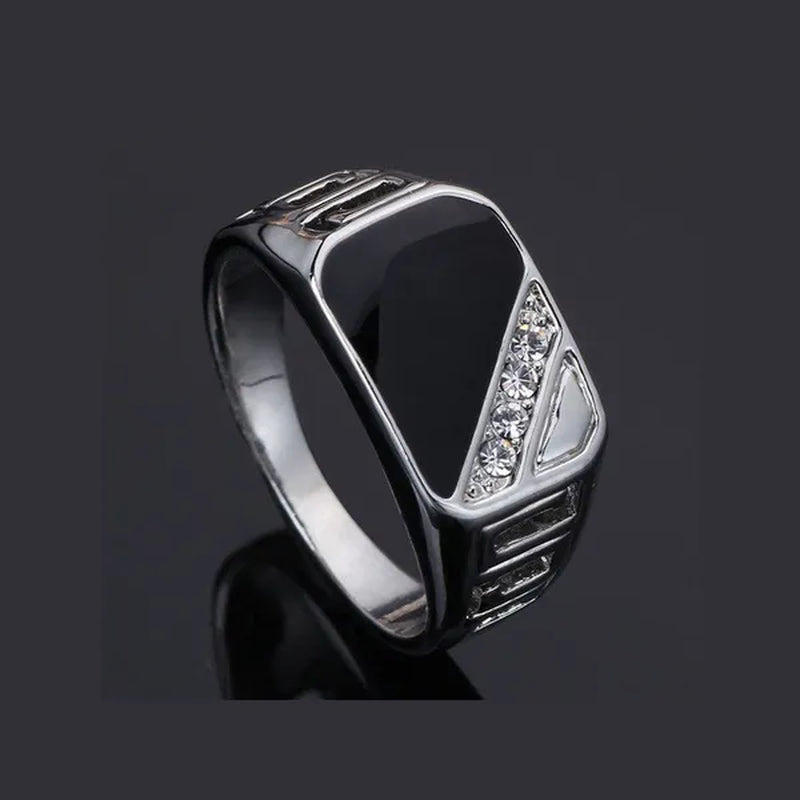 Classic Men's Punk Black Square Fashion Men's Ring Surface Classic Pattern Fashion Silver Plated Ring Size 6-12