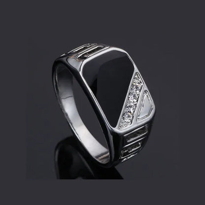Classic Men's Punk Black Square Fashion Men's Ring Surface Classic Pattern Fashion Silver Plated Ring Size 6-12