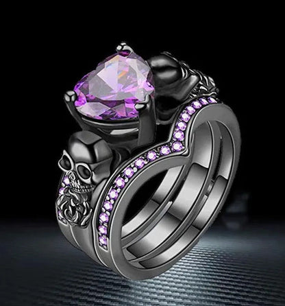 Gothic Skull Black Rings Set Women Rose Flower Red Purple Heart Love Zircon Crys