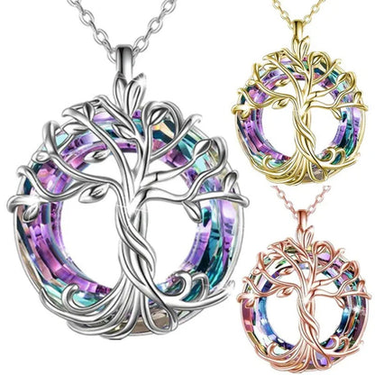 Exquisite Fashion Women'S Life Tree Necklace round Crystal Pendant Engagement Ne