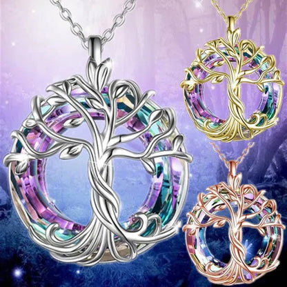 Exquisite Fashion Women'S Life Tree Necklace round Crystal Pendant Engagement Ne