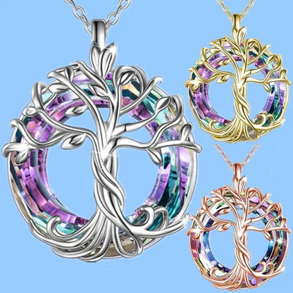 Exquisite Fashion Women'S Life Tree Necklace round Crystal Pendant Engagement Ne