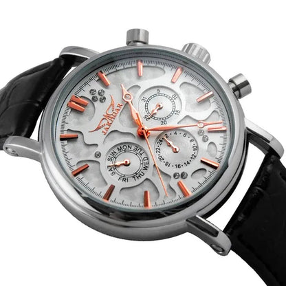 JARAGAR Automatic Mechanical Genuine Leather Strap Wrist Watch Luxury Gift For Men Fashion White Crystal Diamond Jewelry Accessories