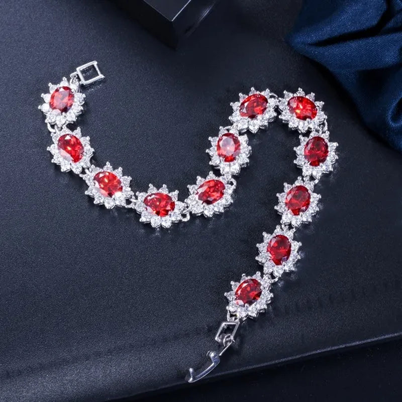 GLORIYA Summer New Bracelets Bangles for Women Red Cubic Zirconia Stone 925 Sterling Silver Plated Fashion Style Jewelry（Size :18 cm）