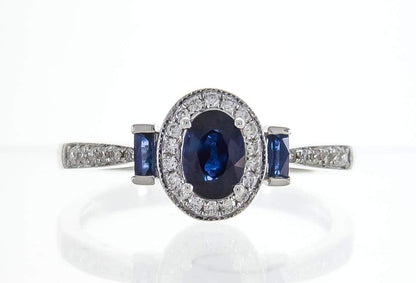 Gin and Grace 10K White Gold Genuine Blue Sapphire Ring with Diamonds for Women | Ethically, Authentically & Organically Sourced (Oval-Cut) Shaped Sapphire Hand-Crafted Jewelry for Her | Sapphire Ring for Women