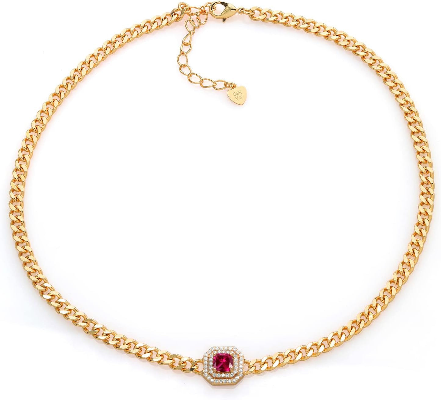 14K Yellow Gold Plated Gemstone Birthstone and White Moissanite Necklace | Cuban Curb Link Chain Pendant Necklace for Women | Cushion 6MM | 16 Inch Chain + 2 Inch Extender