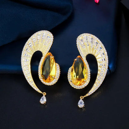 CANDICE Gorgeous 18K Gold Plated Inlay Pear Cut Citrine Stone Big Geometric Stud Earrings Jewelry for Female Dress Accessories