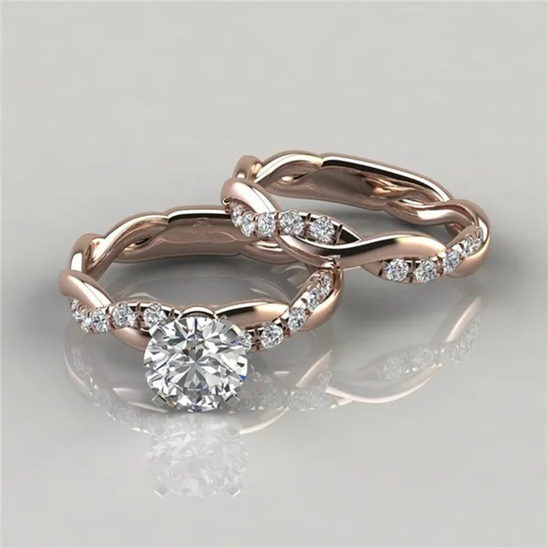 Women'S Dainty Twist round Cut White Sapphire Ring Set Bridal Engagement Diamond Ring Wedding Band Anniversary Gift Banquet Party Jewelry Ring Size 5-11