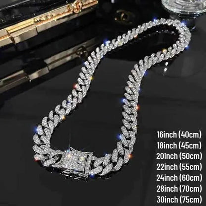 A Set(Bracelet+Necklace) 13MM Width Cuban Link Chain Gold Silver Plated Bling Miami Cuban Necklace Bracelet Diamond Chain for Fashion Men and Women Iced Out Hip Hop Jewelry Set