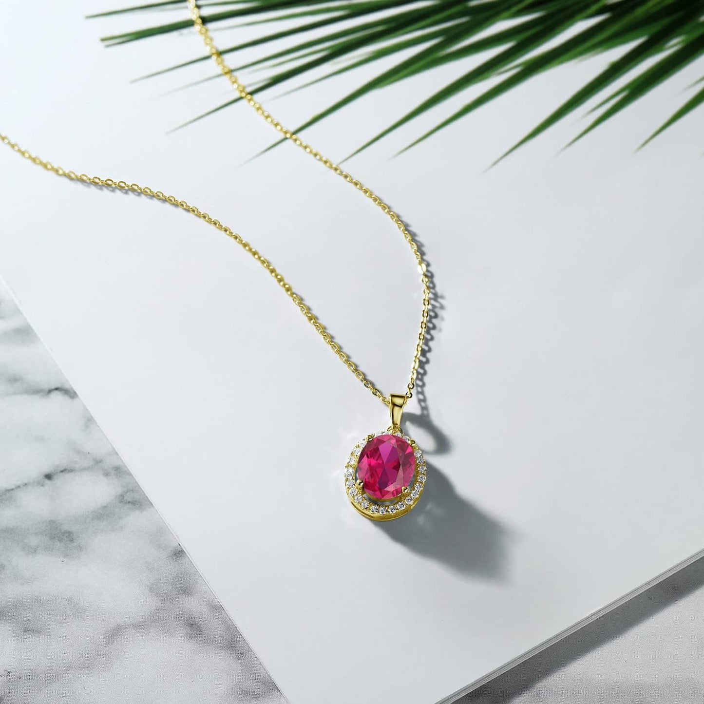 18K Yellow Gold Plated Silver Red Created Ruby Pendant Necklace for Women (4.40 Cttw, Oval 11X9MM, with 18 Inch Chain)