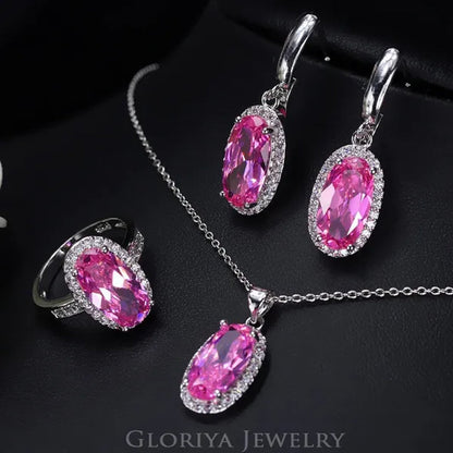 Gloriya Wedding/Bride Noble Jewelry High Quality Silver Plated Women's/Girl's Red AAA Cubic Zirconia Rings Chain Necklace Earrings Wedding Jewelry Sets Christmas Gifts