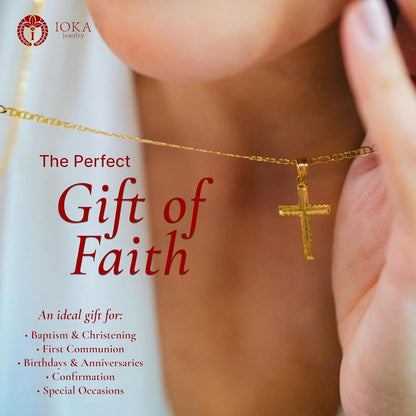 14K Yellow Solid Gold Cross Pendant for Men or Women in Two Sizes – 14 Karat Small Jesus Charm for Necklace or Chain – Thin Crucifix Jewelry Gift for Baptism, Confirmation, Christian, Religious or Everyday Wear