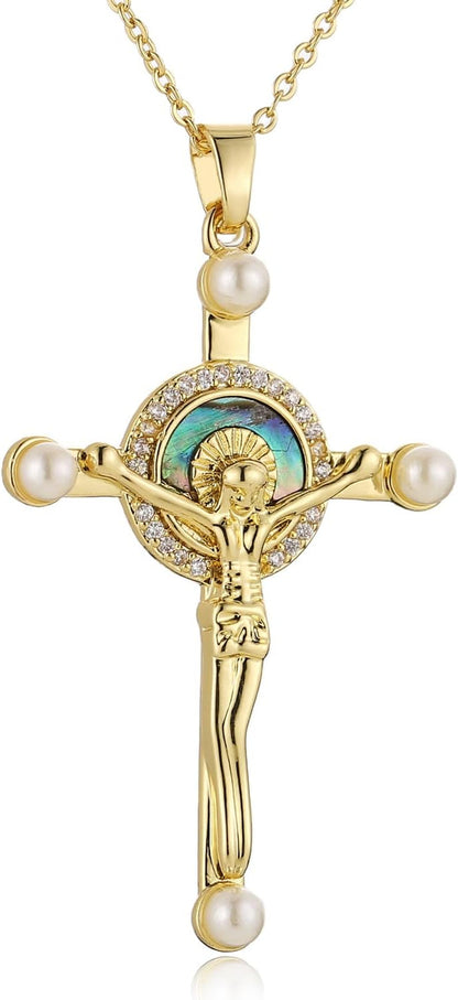 Crucifix Cross Necklace for Women Dainty 14K Gold Plated Cross Pendant Necklace Christian Faith Jewelry Gift