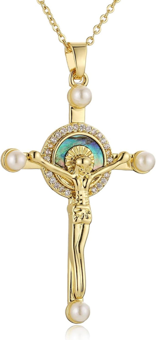 Crucifix Cross Necklace for Women Dainty 14K Gold Plated Cross Pendant Necklace Christian Faith Jewelry Gift