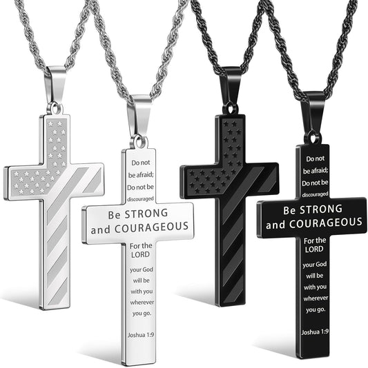 2Pcs Valentines Day Gifts Cross Necklace for Men Boys, Bible Verse Stainless Steel Silver Black American Flag Chains for Men Pendant Jewelry Box