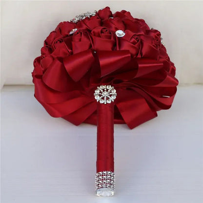 18CM Butterfly Love Diamond Brooch Bridal Bouquet Ribbon Silk Rose Wedding Simulation Flower Bouquet Handmade Bridesmaid Holding Flowers
