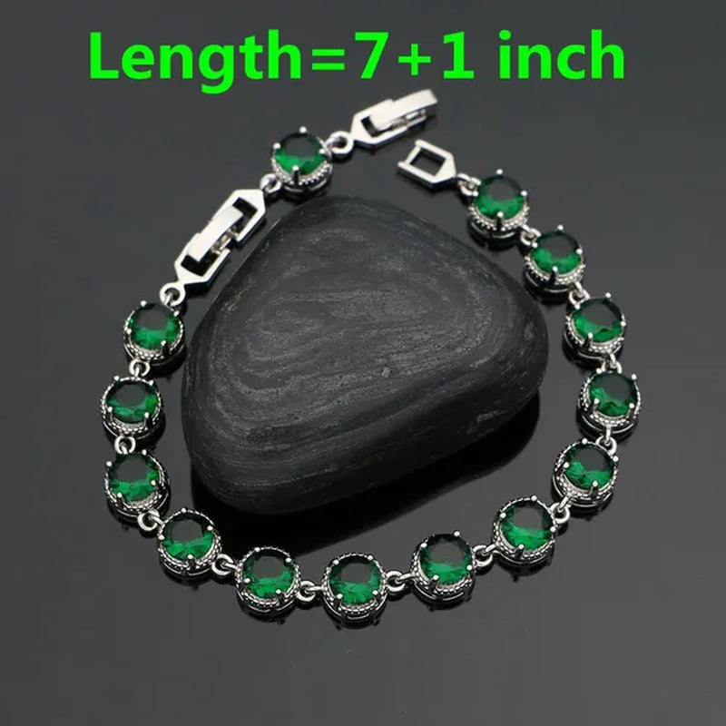 925 Sterling Silver Jewelry Set for Women Natural Green Cubic Zirconia Adjustable Ring Earrings Pendant Chain Bracelet 4PCS